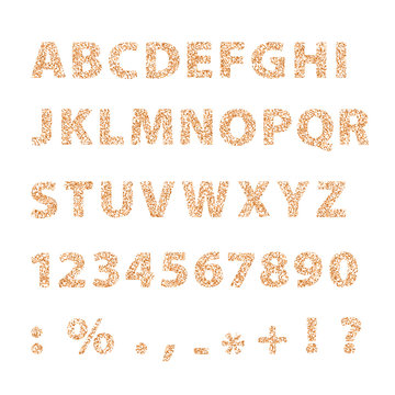 Vector Sand Font. Latin Alphabet From A To Z, Numbers And Punctuation