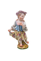 Ancient porcelain figurine on a white background.