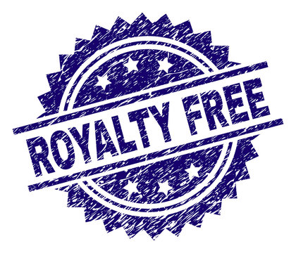 ROYALTY FREE stamp seal watermark with distress style. Blue vector rubber print of ROYALTY FREE label with dust texture.
