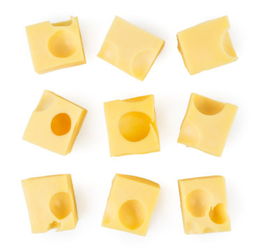 Set of cheese cubes on a white. The form of the top.