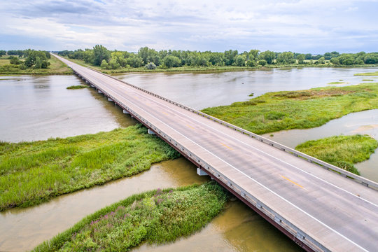 bridge over Platte River in Nebraska - aerial view