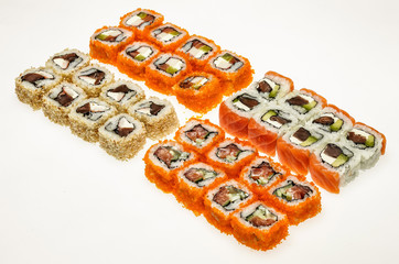 Sushi Rolls Set, maki, philadelphia and california rolls, on a white background.