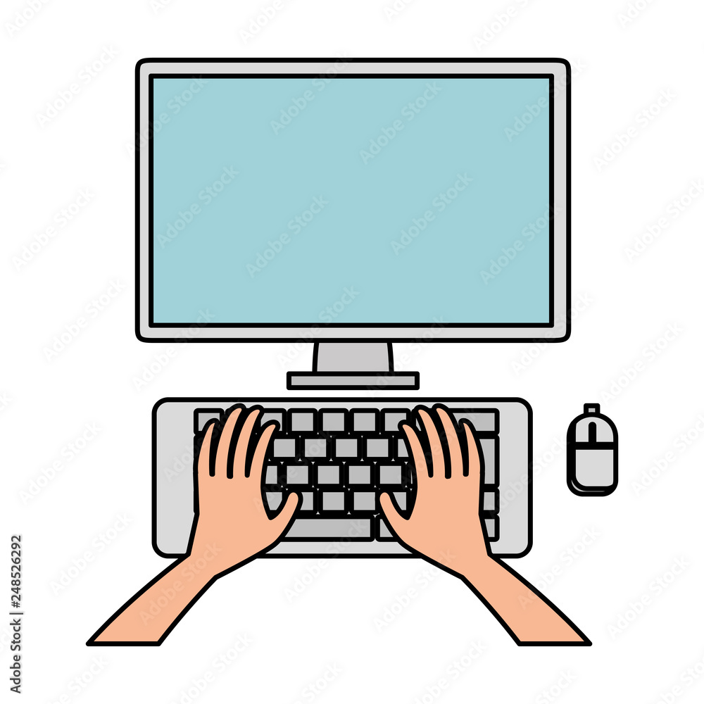 Poster user hands with computer desktop