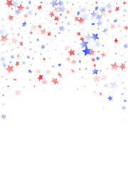 Flying red blue white star sparkles on white vector american patriotic background.