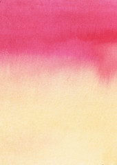 Gradient from pink to orange. Textural background. Hand drawn watercolor on wet paper illustration
