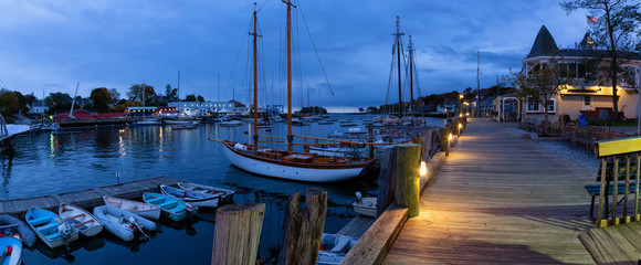 Beautiful panoramic view on the marina during a cloudy sunrise. Taken in Camden, Maine, United...