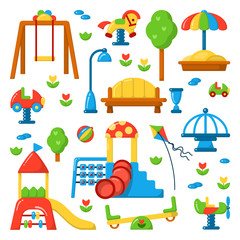 Playground equipment elements set. Flat style vector illustration