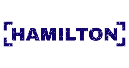 HAMILTON caption seal stamp with grunge texture. Text caption is placed inside corners. Blue vector rubber print of HAMILTON with scratched texture.
