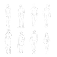 Black and white outlines of the outline with a simple pencil drawings of people figures in different poses etudes set.