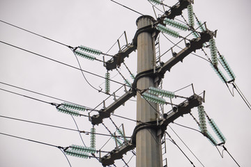 High-voltage power lines at sunset. electricity distribution station