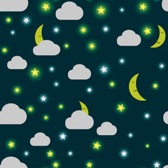Seamless baby pattern of clouds, with moon, stars in the night sky. Wallpaper, clothes. Vector illustration.