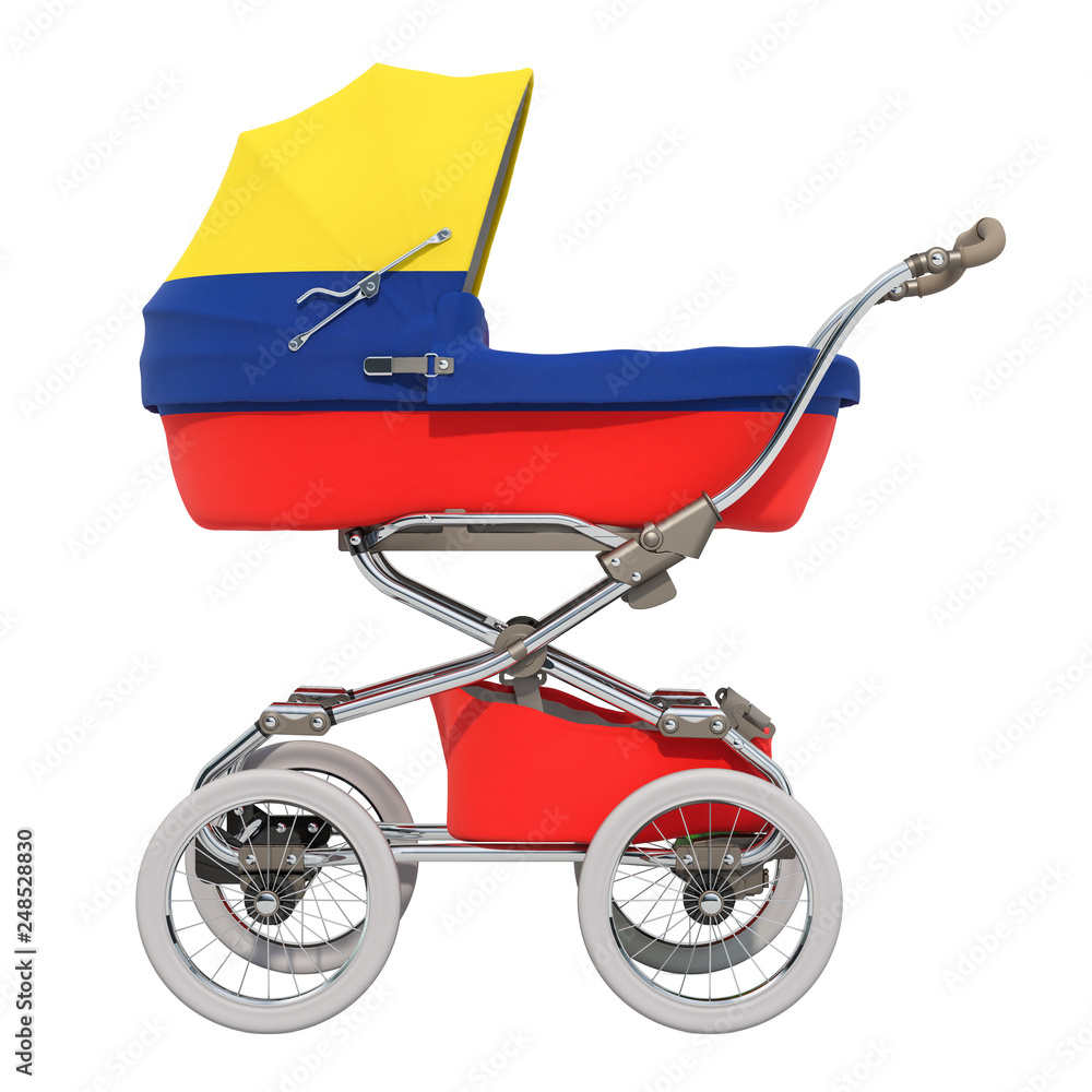 Poster baby stroller with columbian flag texture, 3d rendering