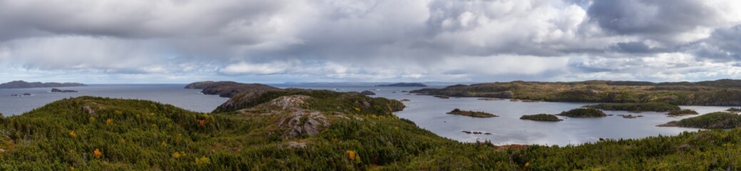 Fototapeta na wymiar Panoramic View of a Canadian Landscape on the Atlantic Ocean Coast during a cloudy morning. Taken in Pikes Arm, Newfoundland and Labrador, Canada.