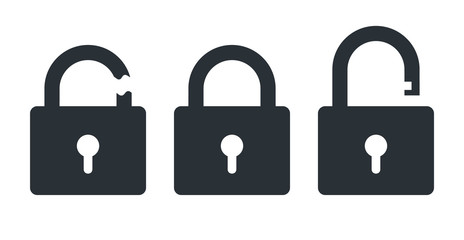 flat vector icon on white background, closed and open lock, hacked protection