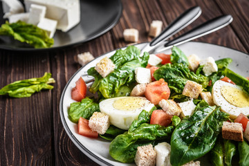 Fresh vegetable salad with tomatoes, spinach, bread crumbs, egg and feta. Healthy food. Dietary dinner or lunch menu. Salad plate on the table.