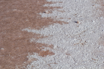 Natural white salt crystal waves texture on the sand, macro, close up. Salty lake shore background, Spain, Torrevieja.