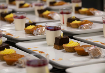 three desserts on a white plate, closeup