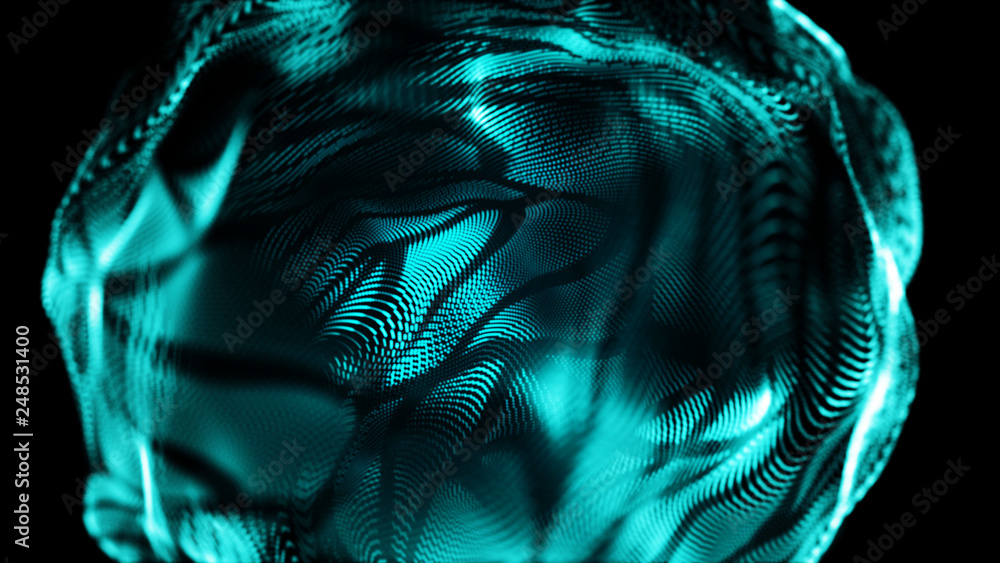 Poster abstract wavy sphere. digital background with image of plastic ball. futuristic infographics. 3d ren