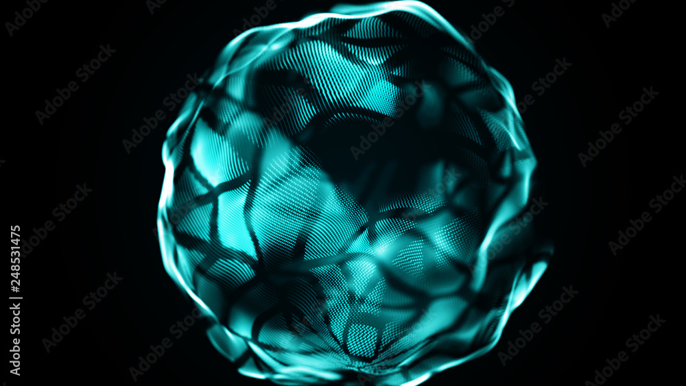 Poster abstract wavy sphere. digital background with image of plastic ball. futuristic infographics. 3d ren