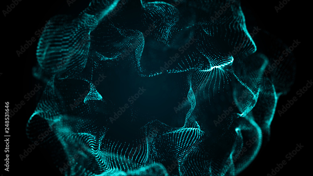 Poster abstract wavy sphere. digital background with image of plastic ball. futuristic infographics. 3d ren