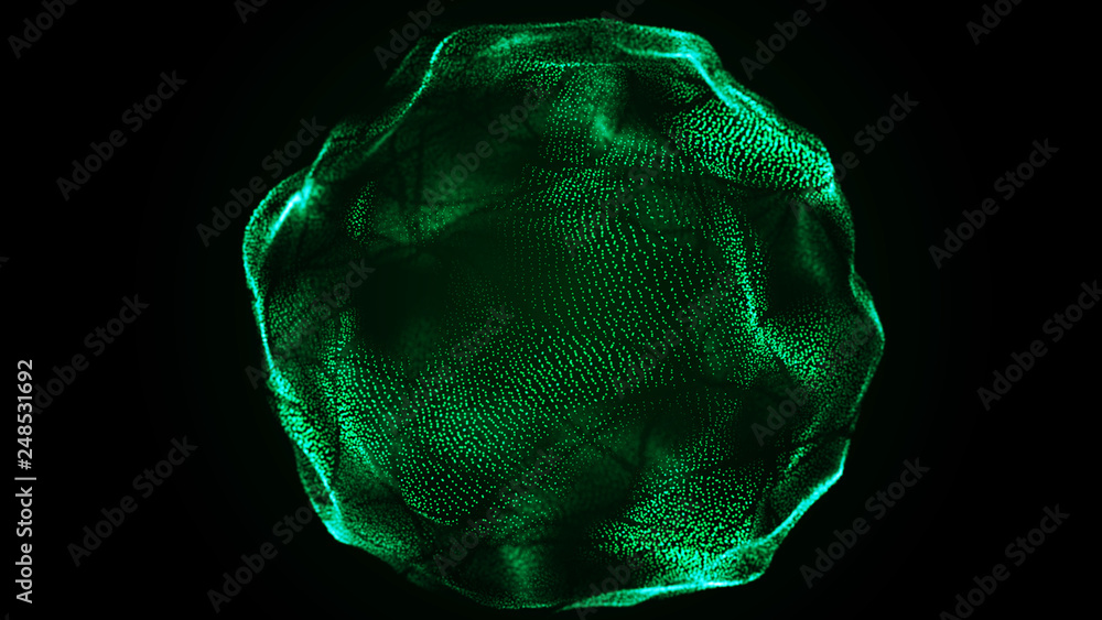 Poster abstract wavy sphere. digital background with image of plastic ball. futuristic infographics. 3d ren
