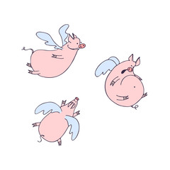 Vector set of funny flying cartoon pigs with wings. Pigs angels
