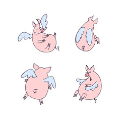 Vector set of funny flying cartoon pigs with wings. Pigs angels