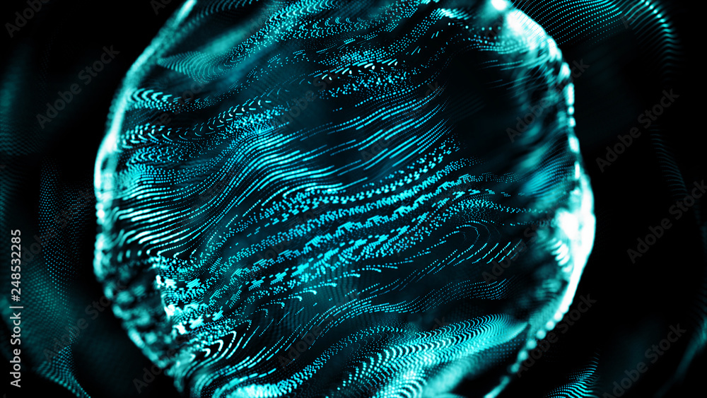 Poster abstract wavy sphere. digital background with image of plastic ball. futuristic infographics. 3d ren