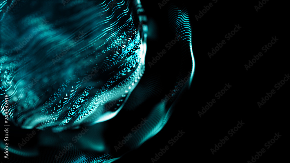 Poster abstract wavy sphere. digital background with image of plastic ball. futuristic infographics. 3d ren