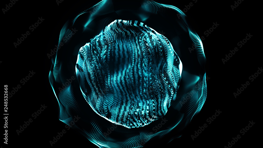Poster abstract wavy sphere. digital background with image of plastic ball. futuristic infographics. 3d ren