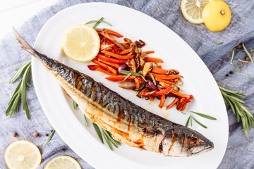 Grill Fried Mackerel Scomber Fish Top Flat Lay