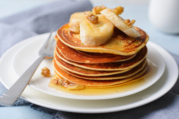 Homemade Pancakes with Banana, Nuts and Honey, Gluten Free Pancakes, Healthy Breakfast