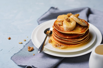 Homemade Pancakes with Banana, Nuts and Honey, Gluten Free Pancakes, Healthy Breakfast