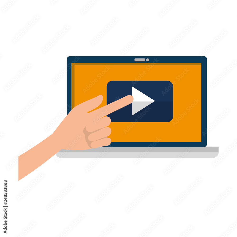 Poster hand using laptop with media player app