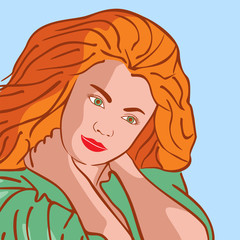 The beautiful girl with red hair. Vector illustration of the beautiful green-eyed woman. Basis for a greeting card. Flat design.