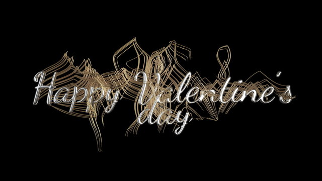 Happy Valentine's Day message words made by silver braided wavy strings gold lines over dark black background. 3d illustration
