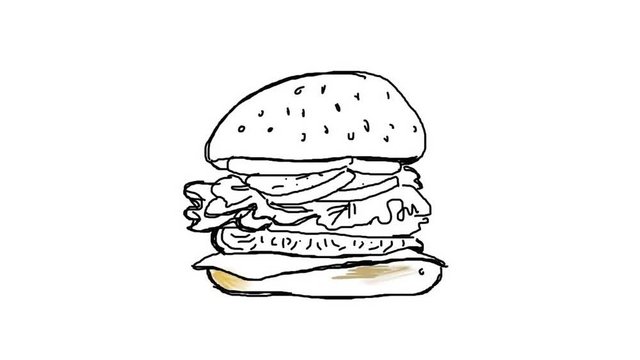 Handmade doodle drawing animation hamburger. Cartoon fast food burger