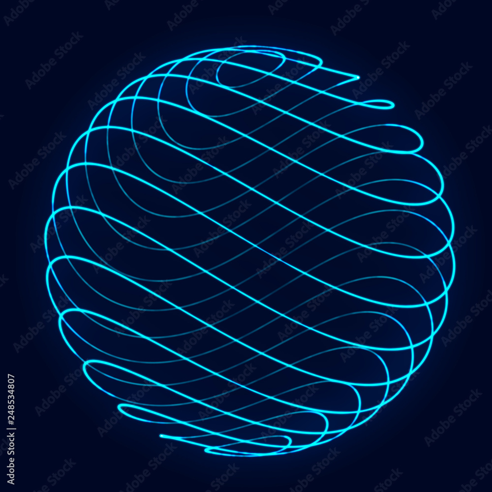 Poster Sphere with twist lines. Background for business event. Wireframe technology blue sphere. 3d rendering.