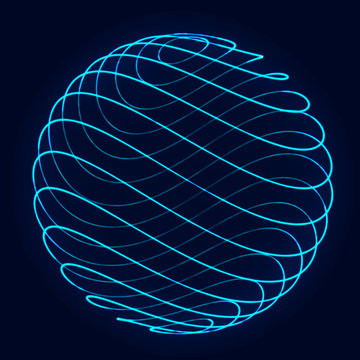 Sphere with twist lines. Background for business event. Wireframe technology blue sphere. 3d rendering.
