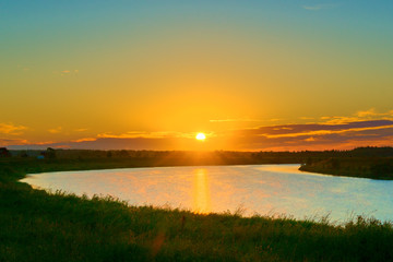 Sunrise over the river. Kostroma, Russia.