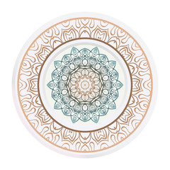decorative plates for interior design. Empty dish, porcelain plate mock up design. Vector illustration. Decorative plates with Mandala ornament patterns. Home decor background
