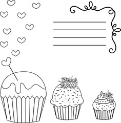 Vector illustration of black and white greeting card cupcakes