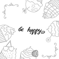 Vector illustration of black and white greeting card cupcakes
