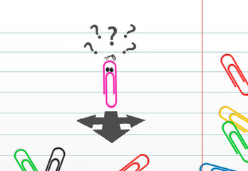 paperclip with questionmark standing next to three direction arrow choices