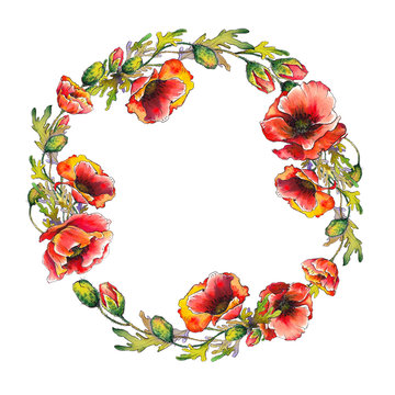 Watercolor wreath with red poppy flowers. Hand drawn illustration on white background.