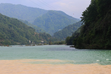 View of confluence of two mountain rivers Adjaristskali and Chorokh in Adjara, Georgia
