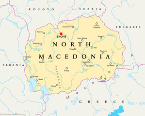 North Macedonia political map with capital Skopje, borders, important cities, rivers and lakes. Former Yugoslav Republic of Macedonia, renamed in February 2019. English labeling. Illustration. Vector.