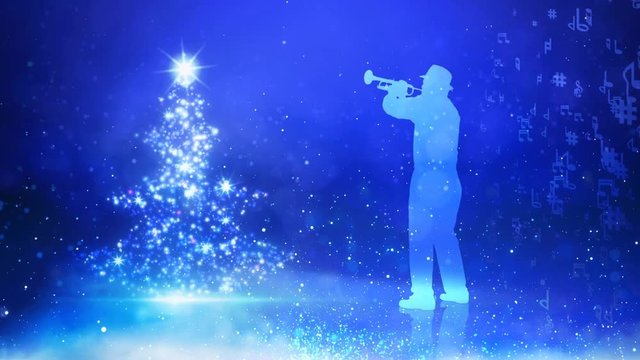 Christmas Tree Musician Blue Background 4K features the silhouette of a horn player with music notes flowing away from him on a blue background next to a sparkling Christmas tree       