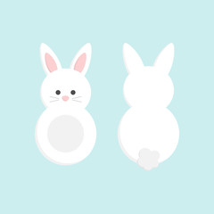 Cute Easter bunny from front and back view, isolated on blue background. White easter bunny vector graphic illustration icons.
