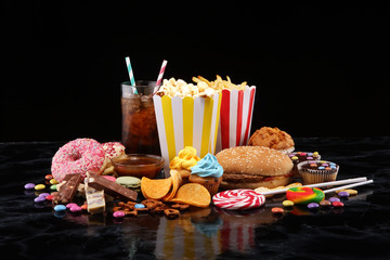 Unhealthy products. food bad for figure, skin, heart and teeth.